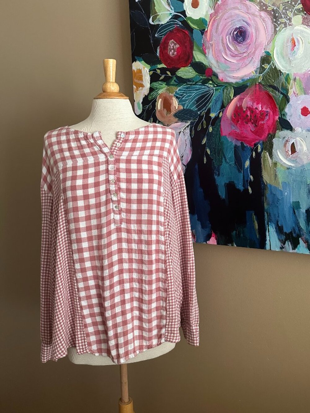 Dreamy Pink Gingham Cottagecore Blouse XL Flowy Soft Girl Top